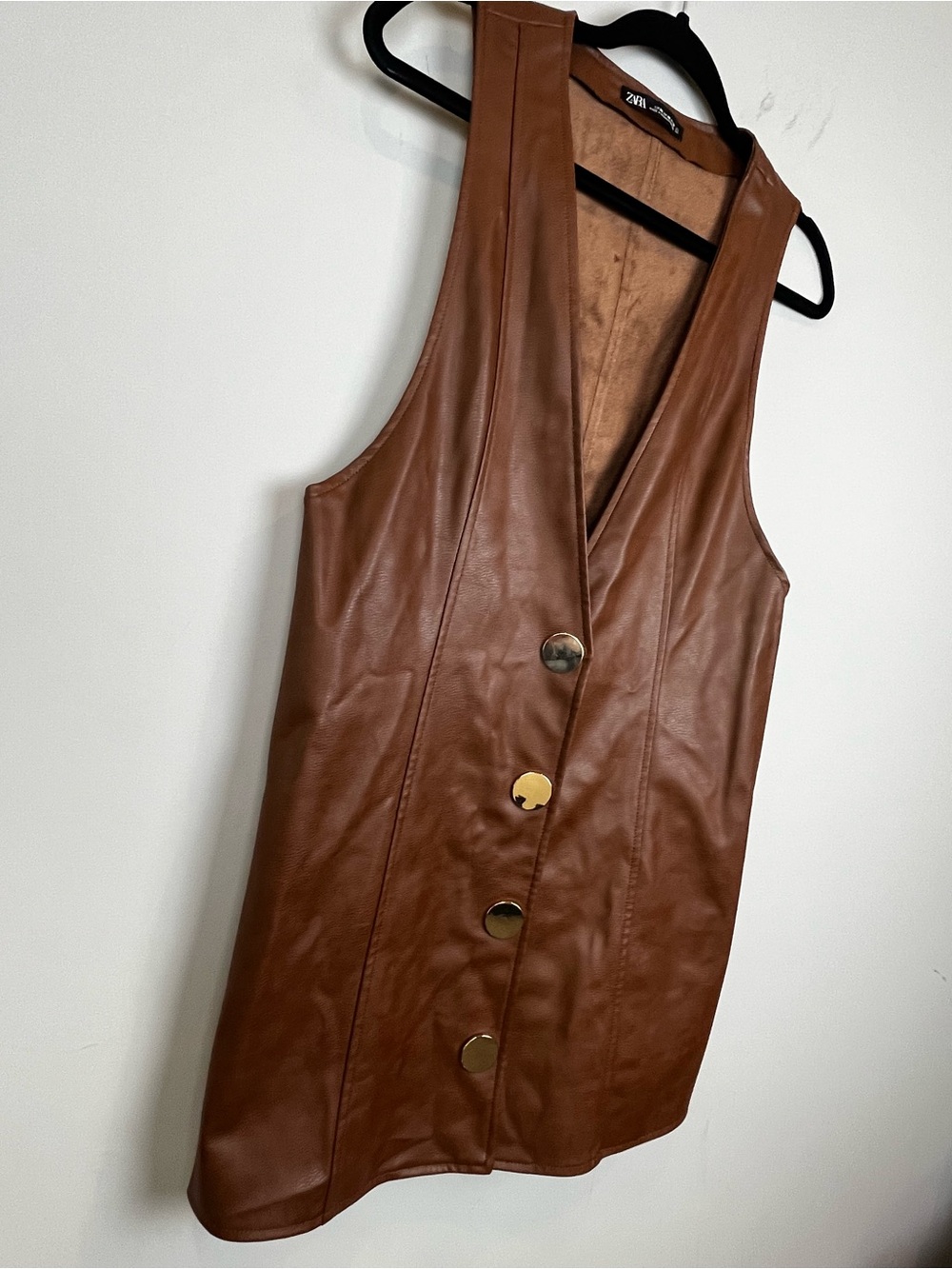 Zara Brown Faux Leather Button-Front Vest Pinafore Dress Size XS - Picture 7 of 15